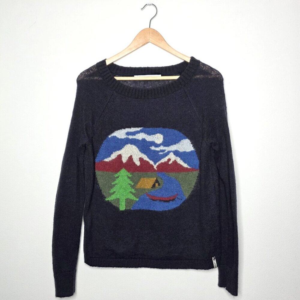 Woolrich Scenic Graphic Wool Mohair Blend Knit Sweater Mountain Camp Landscape